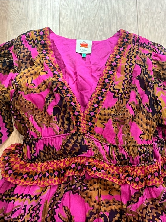 FARM Rio Dresses & Skirts - FARM Rio Fuchsia Pink and Brown Abstract Print V-Neck Dress Maxi L Large Chiffon